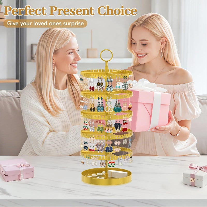 MODOWEY 5 Tier Rotating Earring Holder Organizer Display Tree with Metal Tray, Adjustable Plastic Stand with 285 Slots for Stud Hoop Hanger, Large Capacity Storage Rack for Women Space Saving, Gold - Image 5